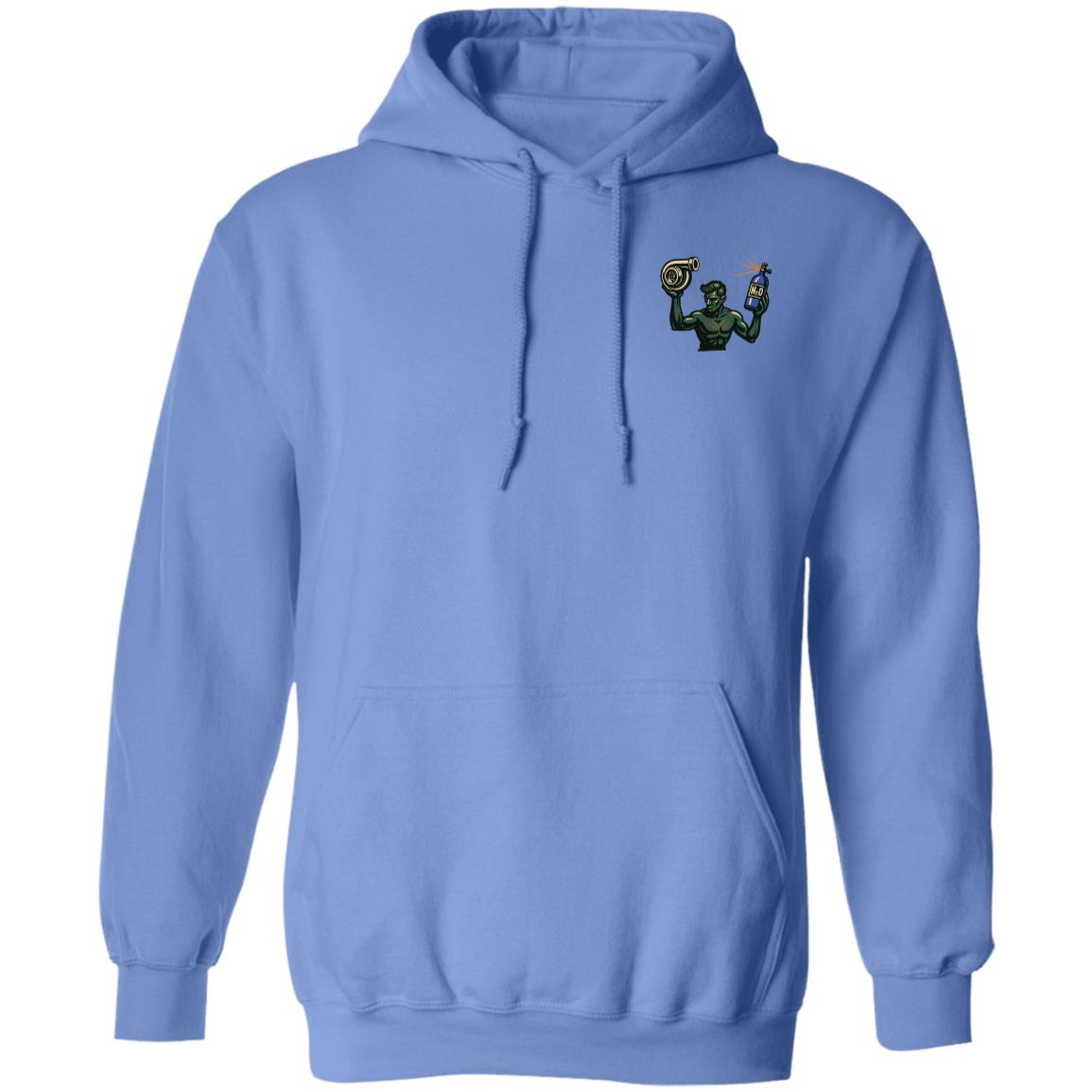 Boosted Detroit Spirit Pullover Hoodie in Carolina Blue, with a green kneeling statue hot rod design