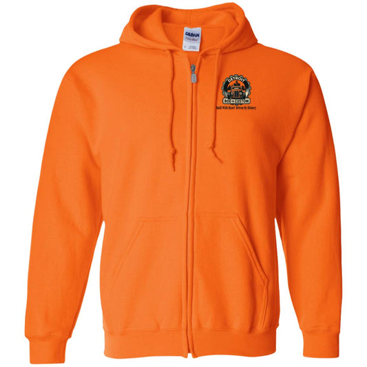 Orange full-zip hoodie, front view, with drawstring hood and a small round DRC hot rod logo on the left chest.
