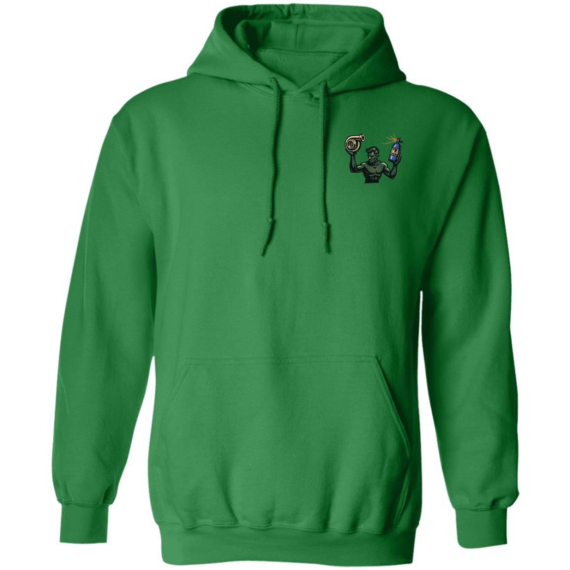 Boosted Detroit Spirit Pullover Hoodie in Irish Green, with a green kneeling statue hot rod design