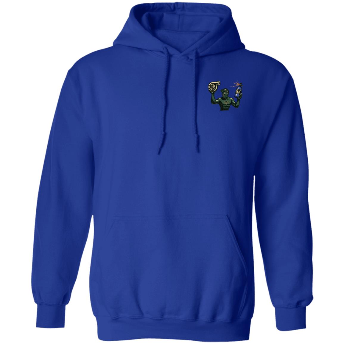 Boosted Detroit Spirit Pullover Hoodie in Royal, with a green kneeling statue hot rod design