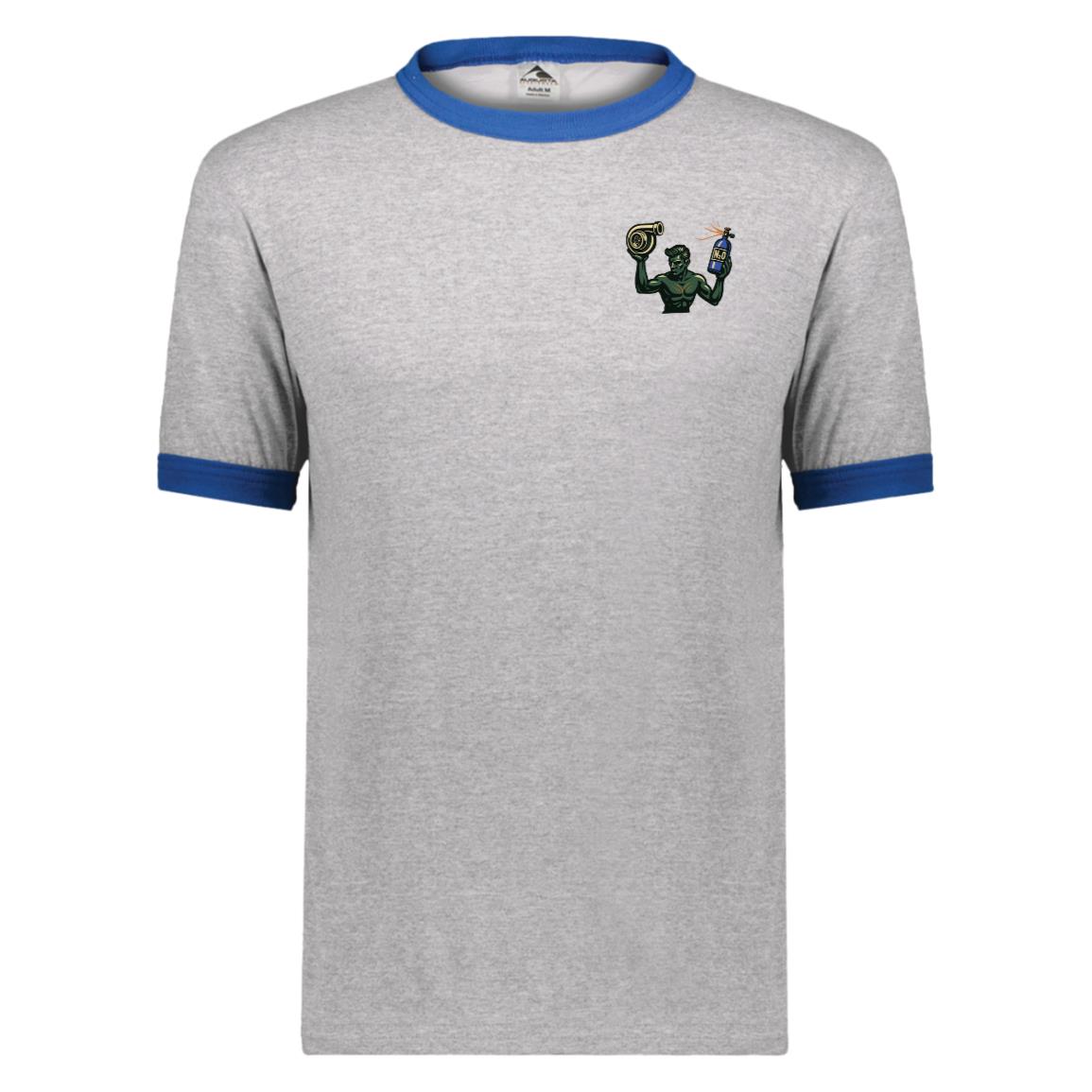Boosted Detroit Spirit Ringer Tee in Athletic Heather/Royal, with a green kneeling statue hot rod design