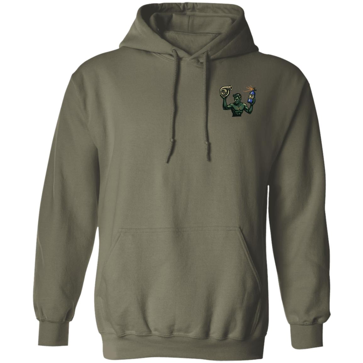 Boosted Detroit Spirit Pullover Hoodie in Military Green, with a green kneeling statue hot rod design