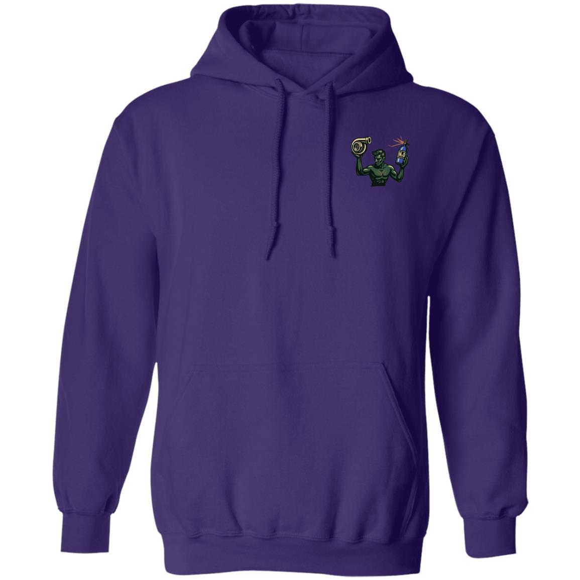 Boosted Detroit Spirit Pullover Hoodie in Purple, with a green kneeling statue hot rod design