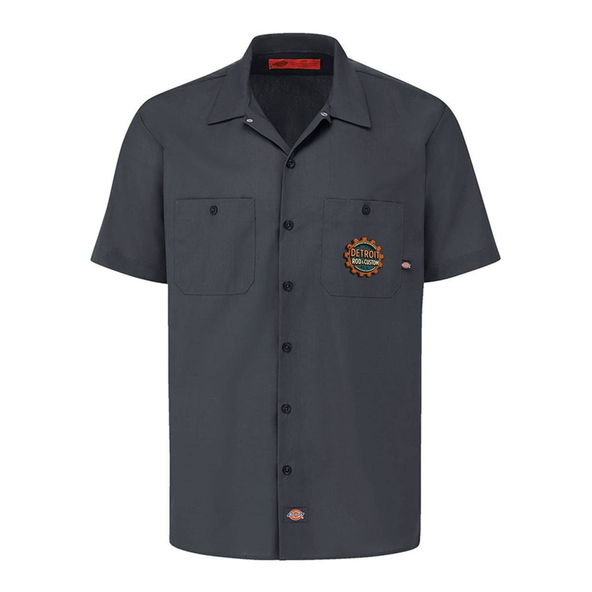Dark Charcoal Dickies short-sleeve work shirt, front view, with a small DRC logo on the chest.