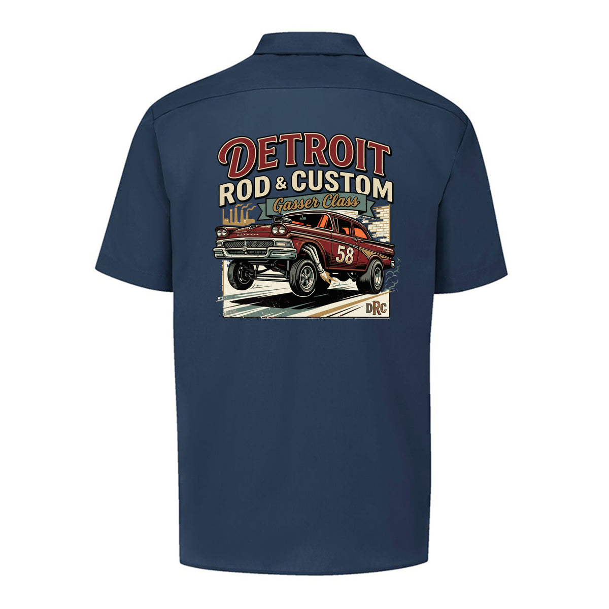 Back of a dark navy Dickies short-sleeve work shirt with a burgundy #58 Galaxie gasser launching nose-up under a red DETROIT ROD & CUSTOM banner.