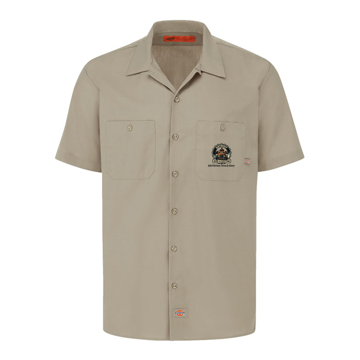 Desert Sand Dickies short-sleeve work shirt, front view, with a small DRC logo on the chest.