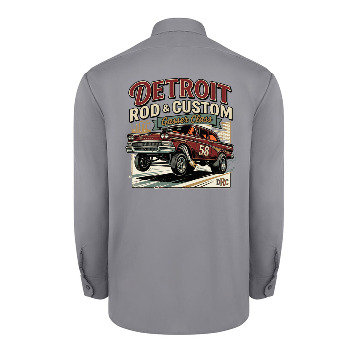 Back of a graphite grey Dickies long-sleeve work shirt with a burgundy #58 Galaxie gasser launching nose-up under a red DETROIT ROD & CUSTOM banner.