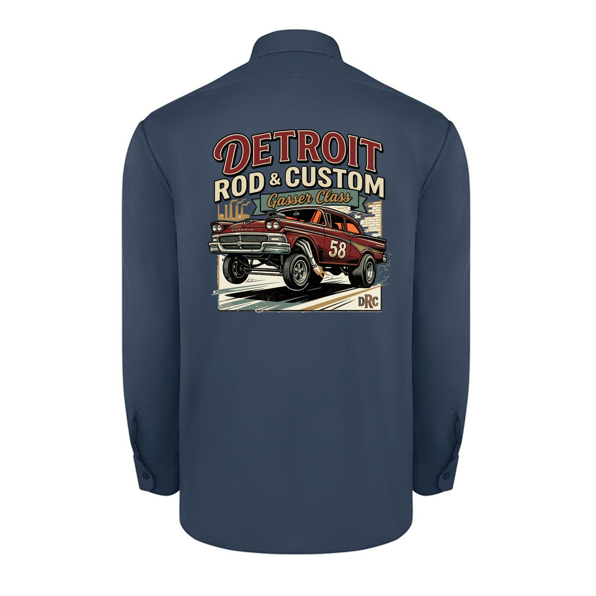 Back of a dark navy Dickies long-sleeve work shirt with a burgundy #58 Galaxie gasser launching nose-up under a red DETROIT ROD & CUSTOM banner.