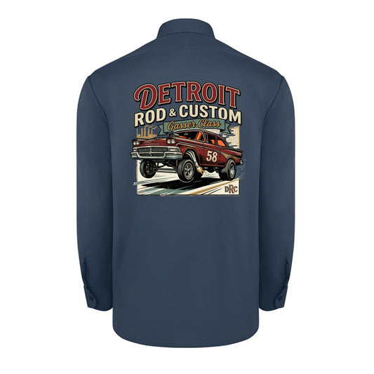 Back of a dark navy Dickies long-sleeve work shirt with a burgundy #58 Galaxie gasser launching nose-up under a red DETROIT ROD & CUSTOM banner.