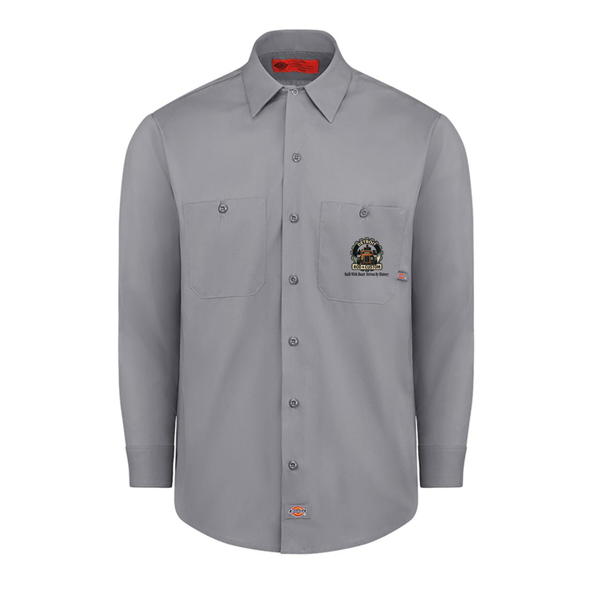 Graphite Grey Dickies long-sleeve work shirt, front view, with a small DRC gear logo on the chest.