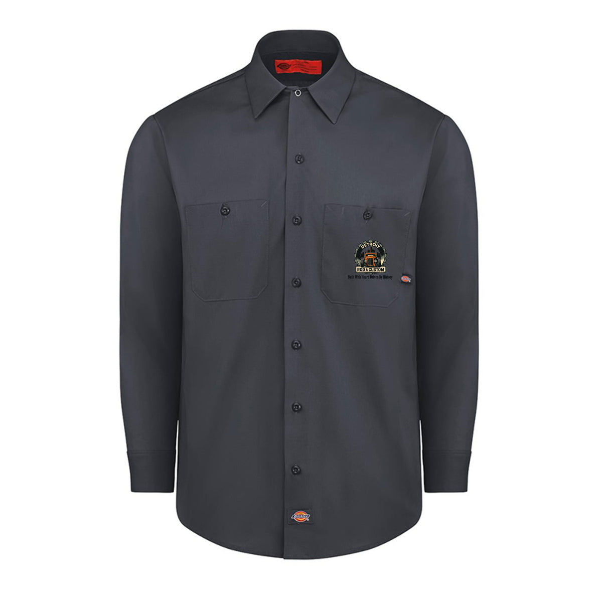 Dark Charcoal Dickies long-sleeve work shirt, front view, with a small DRC gear logo on the chest.