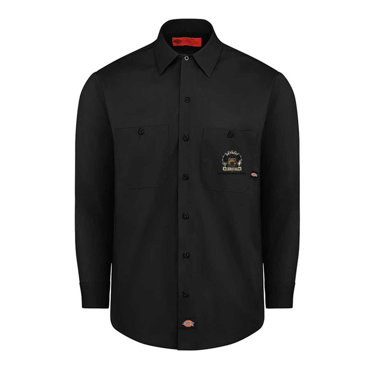 Black Dickies long-sleeve work shirt, front view, with a small DRC gear logo on the chest.