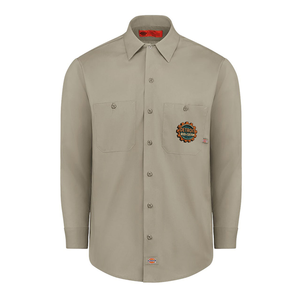 Desert Sand Dickies long-sleeve work shirt, front view, with a small DRC logo on the chest.