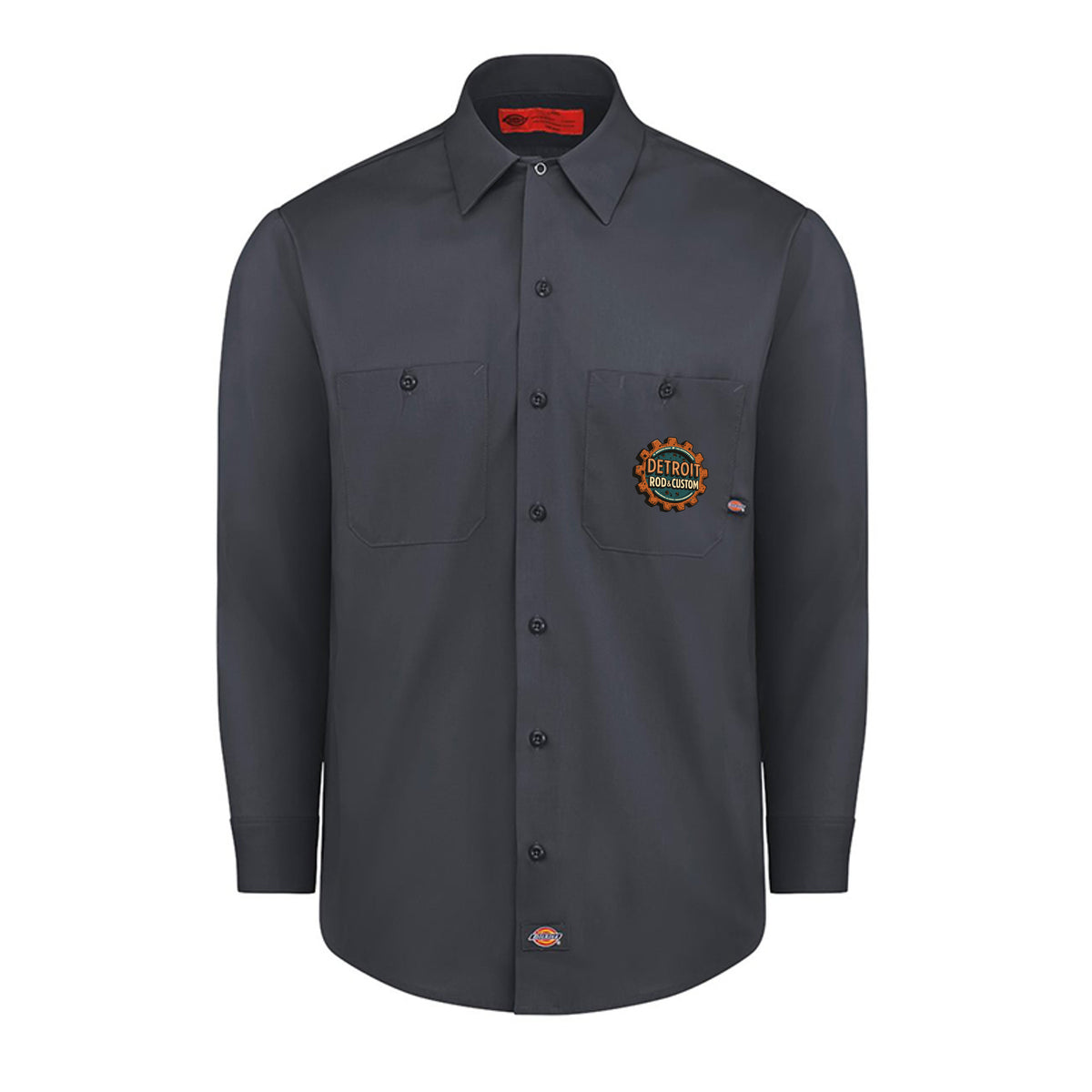 Dark Charcoal Dickies long-sleeve work shirt, front view, with a small DRC logo on the chest.