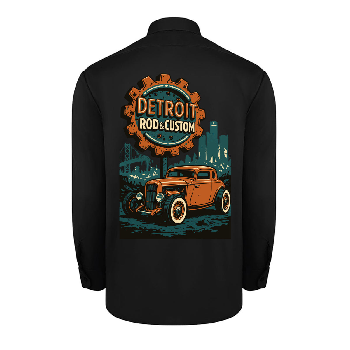 Back of a black Dickies long-sleeve work shirt with an orange Atomic Coupe hot rod under a DETROIT ROD & CUSTOM gear badge.