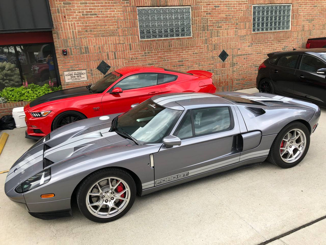 Ford GT and Mustang at a metro Detroit cruise