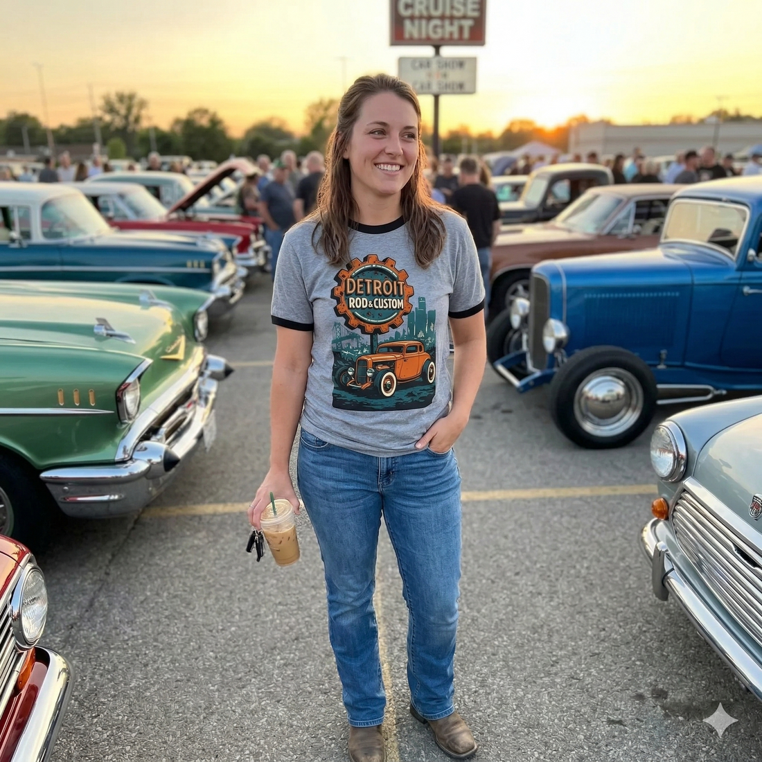Female with Detroit Rod and Custom t Shirt  standing in front of a car show holding a iced coffee.