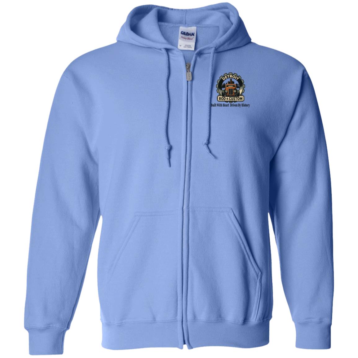 Light blue full-zip hoodie, front view, with drawstring hood and a small round DRC hot rod logo on the left chest.