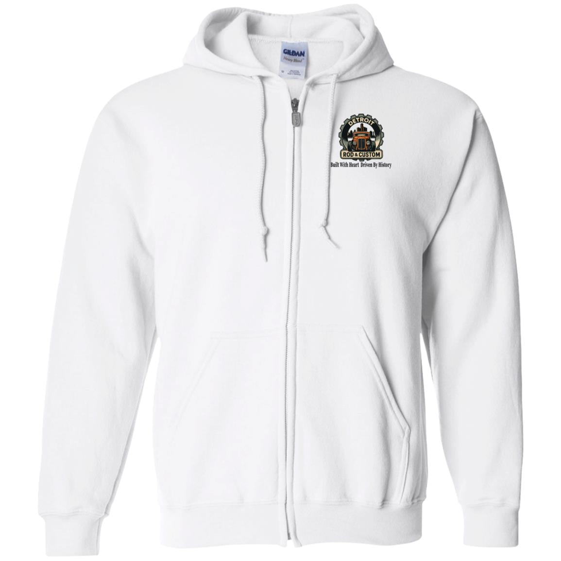 White full-zip hoodie, front view, with drawstring hood and a small round DRC hot rod logo on the left chest.