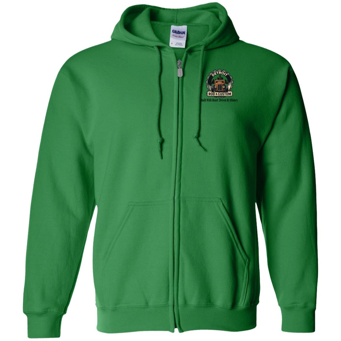 Green full-zip hoodie, front view, with drawstring hood and a small round DRC hot rod logo on the left chest.
