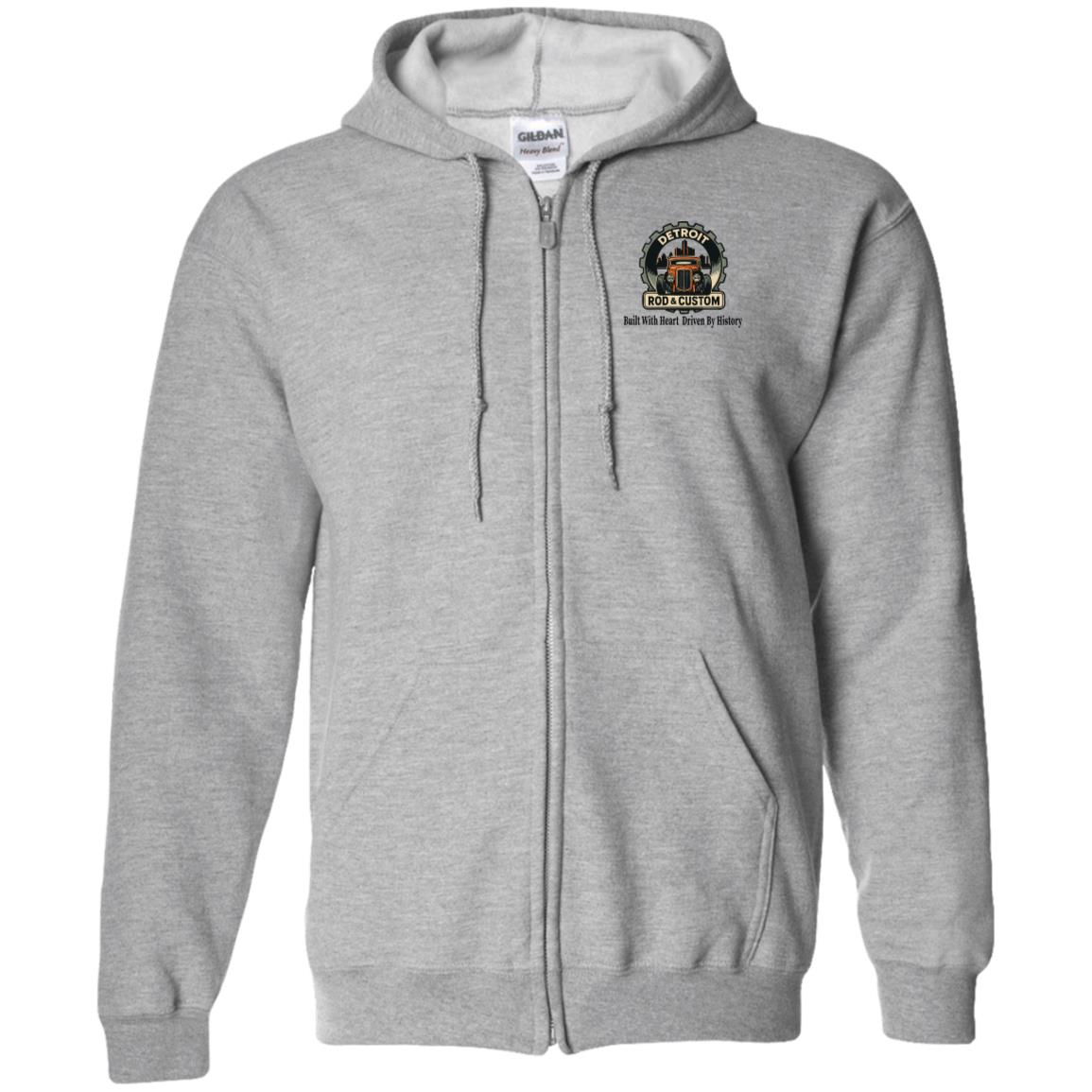 Gray full-zip hoodie, front view, with drawstring hood and a small round DRC hot rod logo on the left chest.