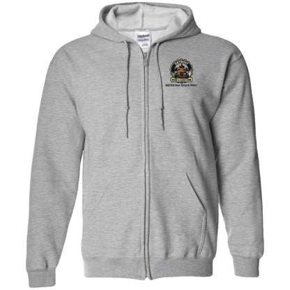 Gray full-zip hoodie, front view, with drawstring hood and a small round DRC hot rod logo on the left chest.