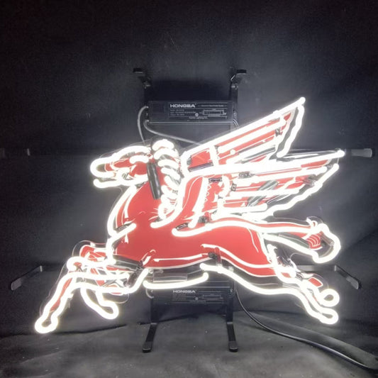 Mobilgas Flying Horse White Neon Sign | Detroit Rod and Custom