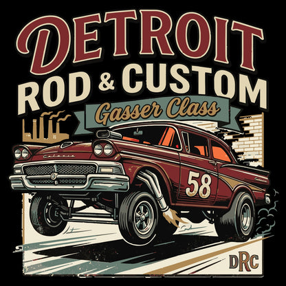 Gasser Class #1 design art: a burgundy 1958 Ford Galaxie gasser wearing number 58, launching nose-up past Detroit smokestacks under a Detroit Rod & Custom Gasser Class banner
