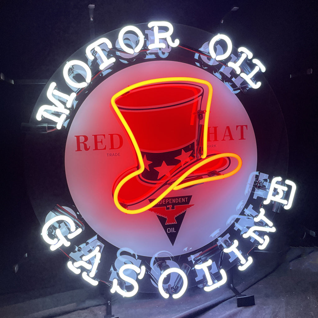 Motor Oil Gasoline Red Hats Neon Sign | Detroit Rod and Custom