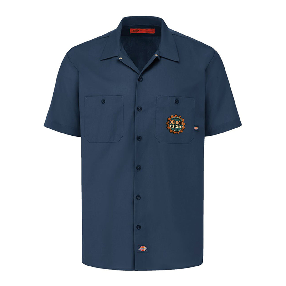 Dark Navy Dickies short-sleeve work shirt, front view, with a small DRC logo on the chest.