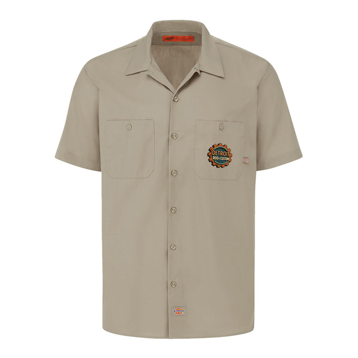 Desert Sand Dickies short-sleeve work shirt, front view, with a small DRC logo on the chest.