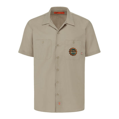Desert Sand Dickies short-sleeve work shirt, front view, with a small DRC logo on the chest.