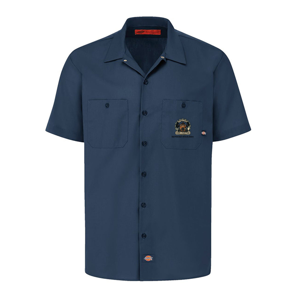 Dark Navy Dickies short-sleeve work shirt, front view, with a small DRC gear logo on the chest.