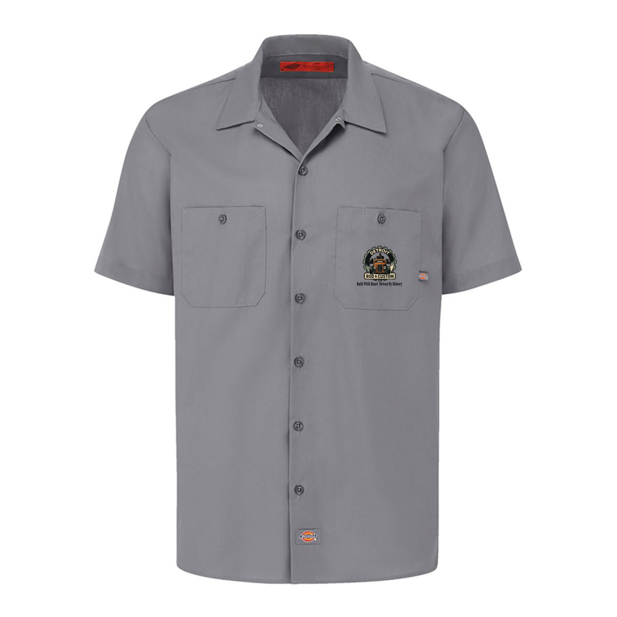 Graphite Grey Dickies short-sleeve work shirt, front view, with a small DRC gear logo on the chest.