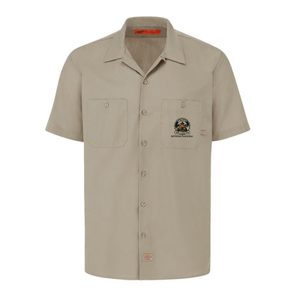 Desert Sand Dickies work shirt, front view, with a small DRC logo on the chest.