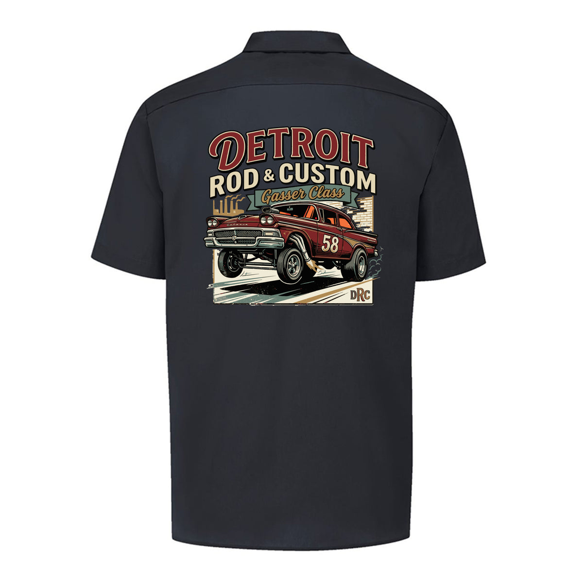 Back of a black Dickies short-sleeve work shirt with a burgundy #58 Galaxie gasser launching nose-up under a red DETROIT ROD & CUSTOM banner.