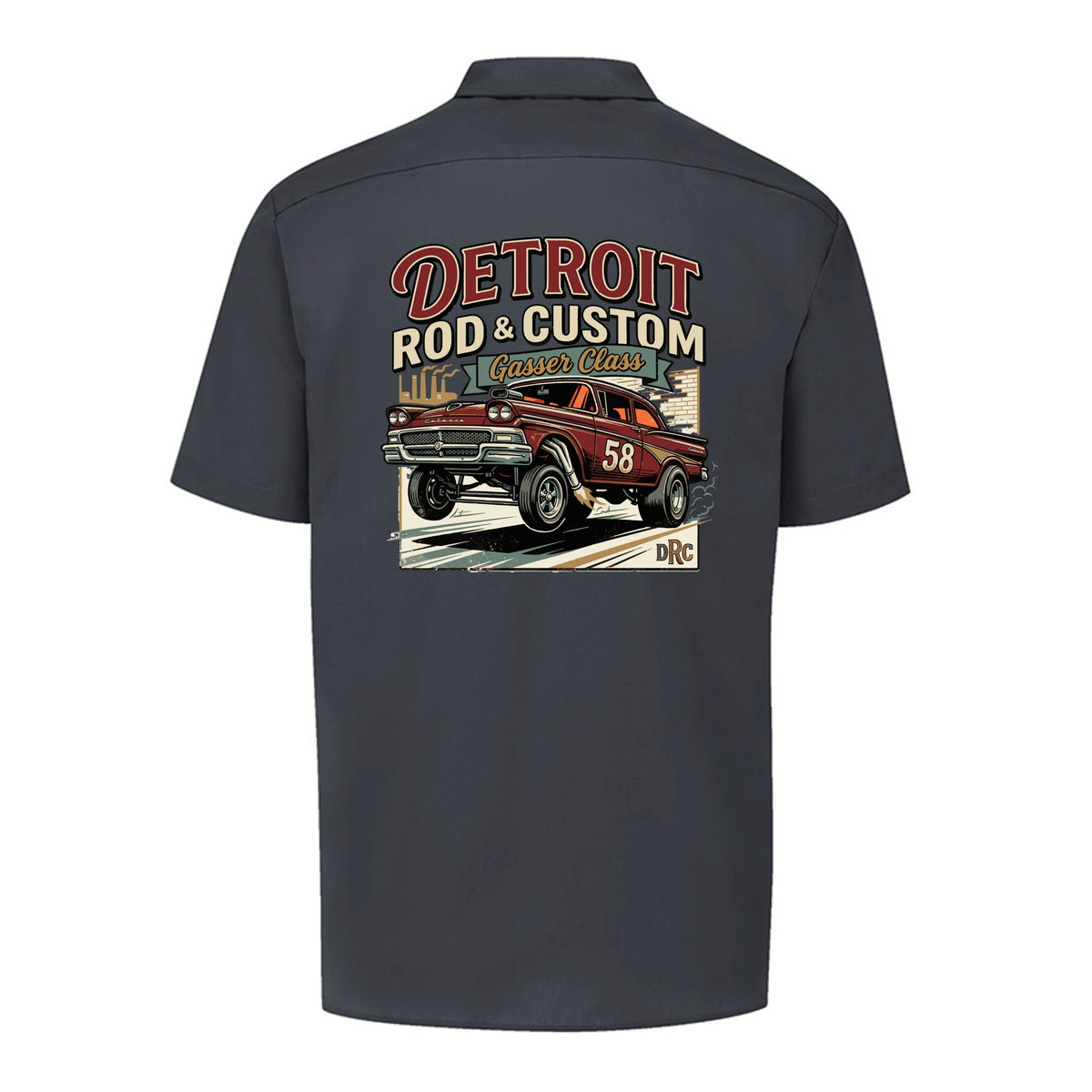 Back of a dark charcoal Dickies short-sleeve work shirt with a burgundy #58 Galaxie gasser launching nose-up under a red DETROIT ROD & CUSTOM banner.