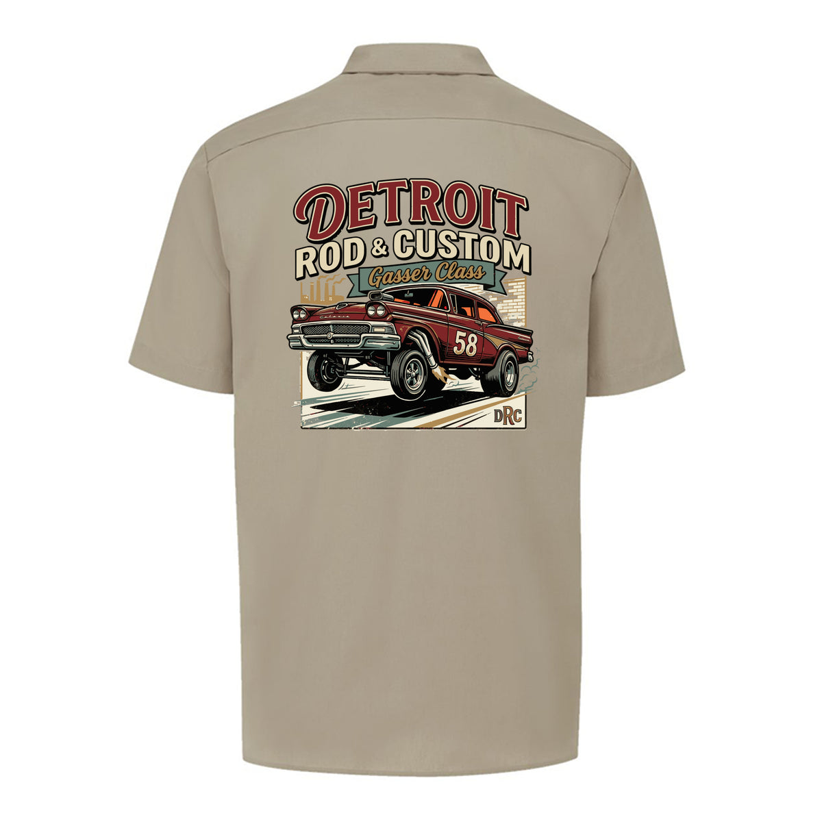 Back of a desert sand Dickies short-sleeve work shirt with a burgundy #58 Galaxie gasser launching nose-up under a red DETROIT ROD & CUSTOM banner.