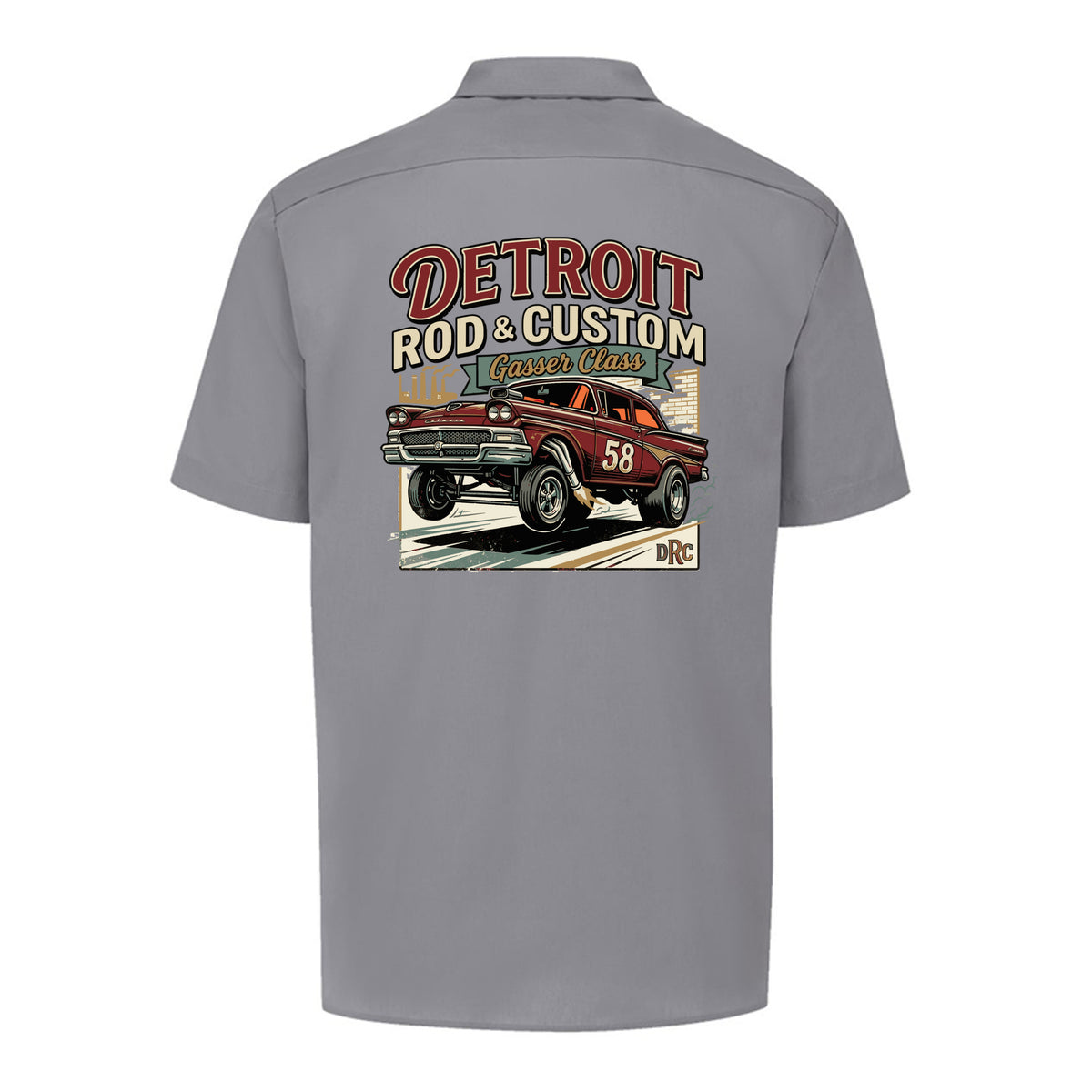 Back of a graphite grey Dickies short-sleeve work shirt with a burgundy #58 Galaxie gasser launching nose-up under a red DETROIT ROD & CUSTOM banner.