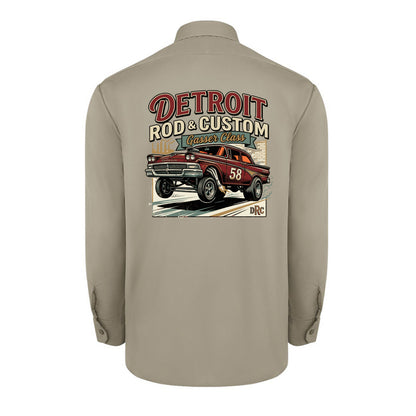 Back of a desert sand Dickies long-sleeve work shirt with a burgundy #58 Galaxie gasser launching nose-up under a red DETROIT ROD & CUSTOM banner.