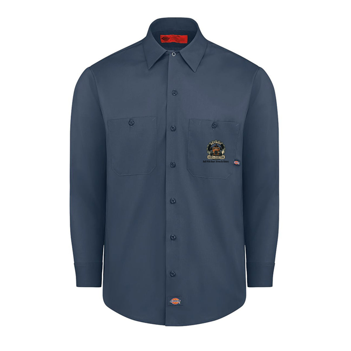 Dark Navy Dickies long-sleeve work shirt, front view, with a small DRC logo on the chest.
