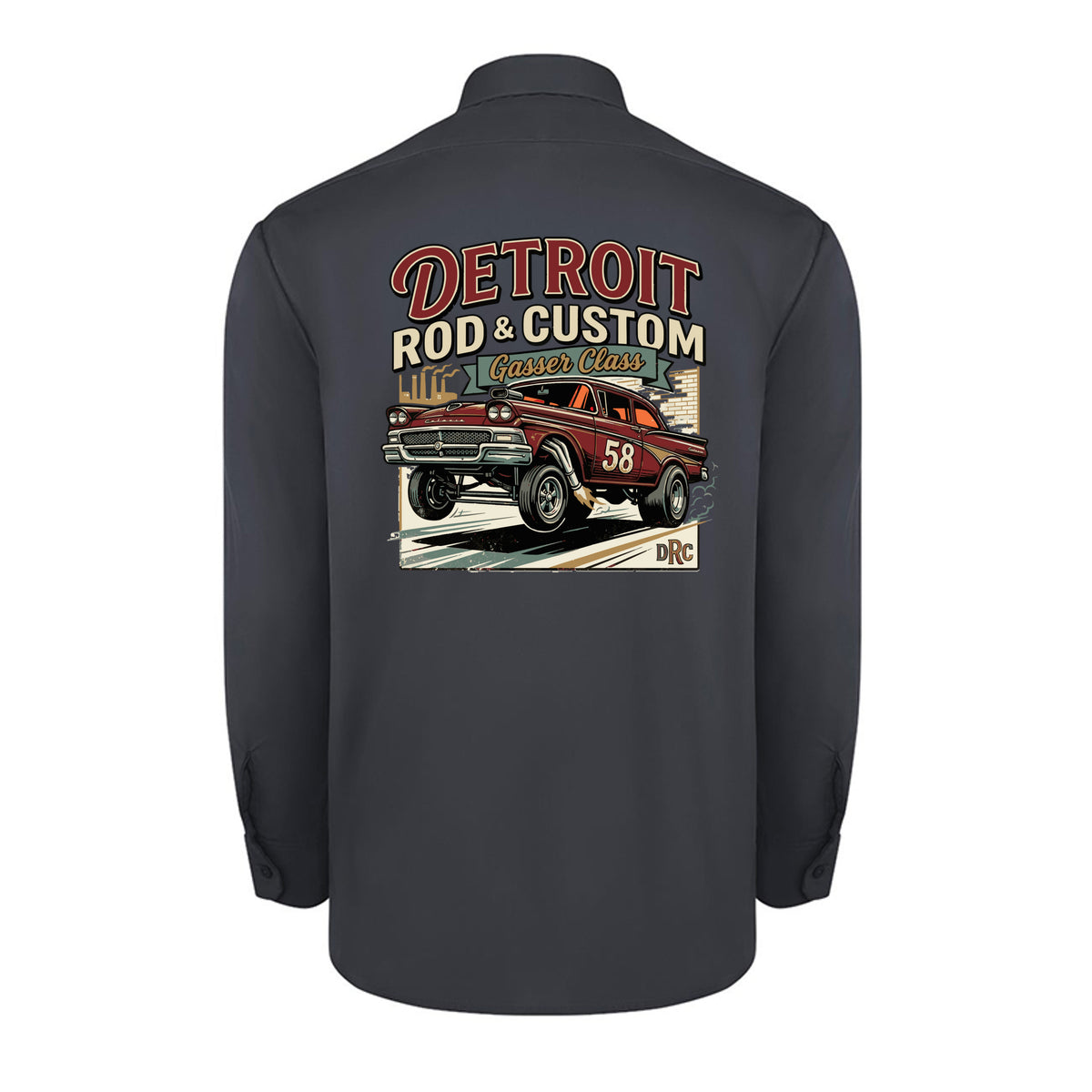 Back of a dark charcoal Dickies long-sleeve work shirt with a burgundy #58 Galaxie gasser launching nose-up under a red DETROIT ROD & CUSTOM banner.