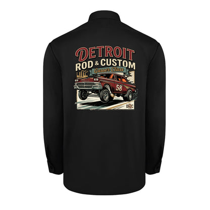 Back of a black Dickies long-sleeve work shirt with a burgundy #58 Galaxie gasser launching nose-up under a red DETROIT ROD & CUSTOM banner.