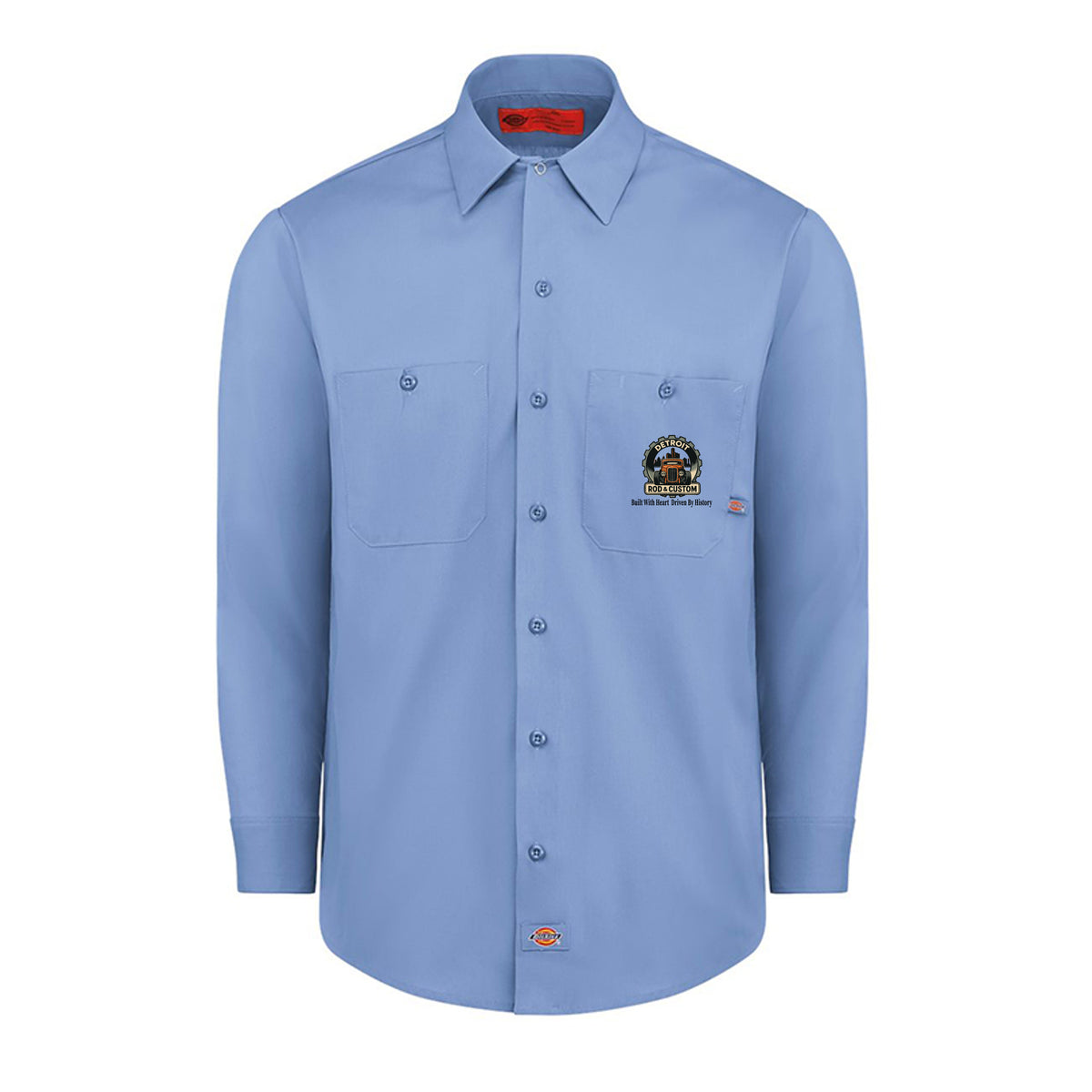 Light Blue Dickies long-sleeve work shirt, front view, with a small DRC gear logo on the chest.
