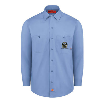 Light Blue Dickies long-sleeve work shirt, front view, with a small DRC gear logo on the chest.