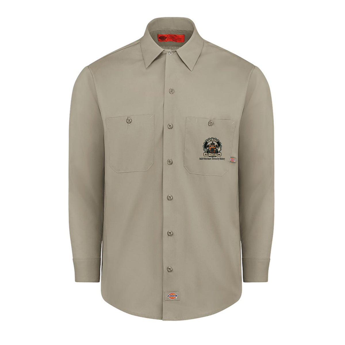 Desert Sand Dickies long-sleeve work shirt, front view, with a small DRC gear logo on the chest.