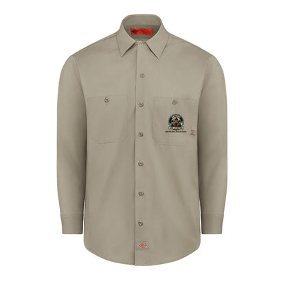 Desert Sand Dickies long-sleeve work shirt, front view, with a small DRC gear logo on the chest.