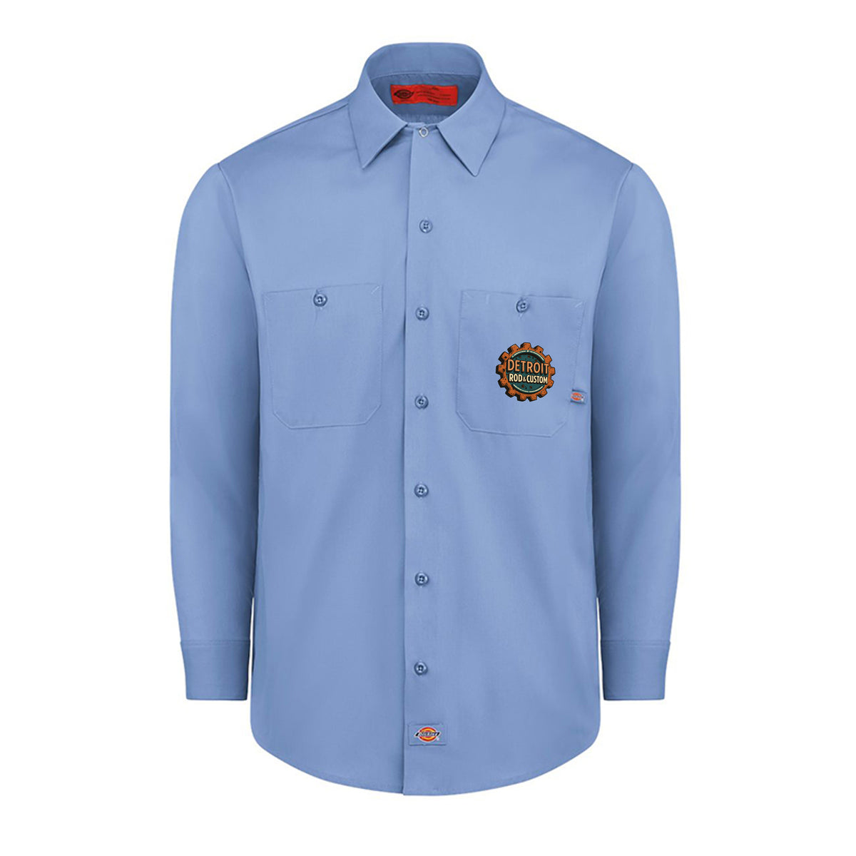 Light Blue Dickies long-sleeve work shirt, front view, with a small DRC logo on the chest.