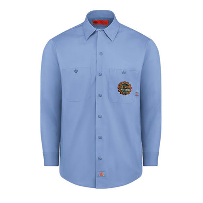 Light Blue Dickies long-sleeve work shirt, front view, with a small DRC logo on the chest.