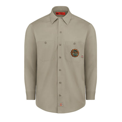 Desert Sand Dickies long-sleeve work shirt, front view, with a small DRC logo on the chest.